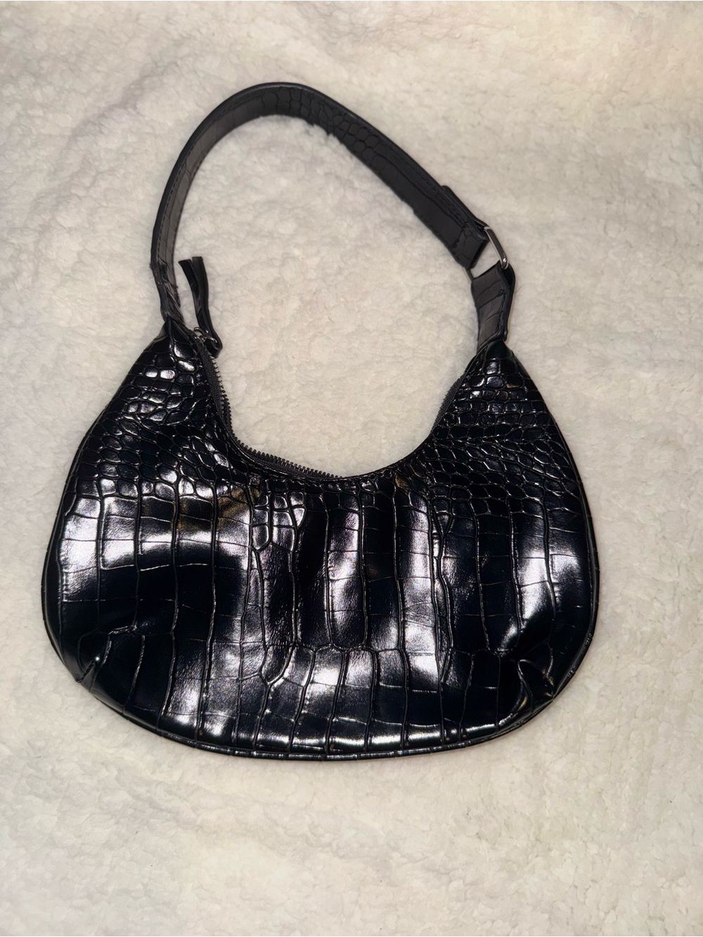 Croc-Embossed Black Shoulder Bag
